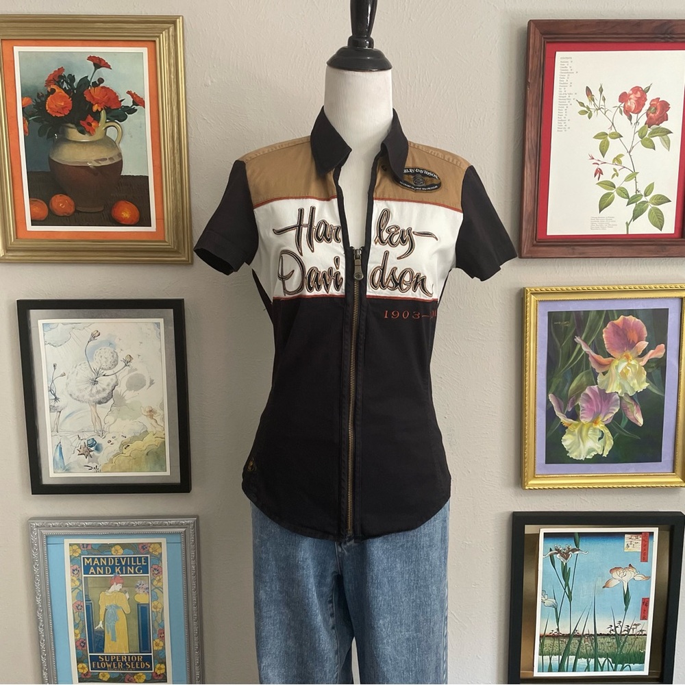 Harley‑Davidson Black Tan & White Short‑Sleeve Zip Shirt